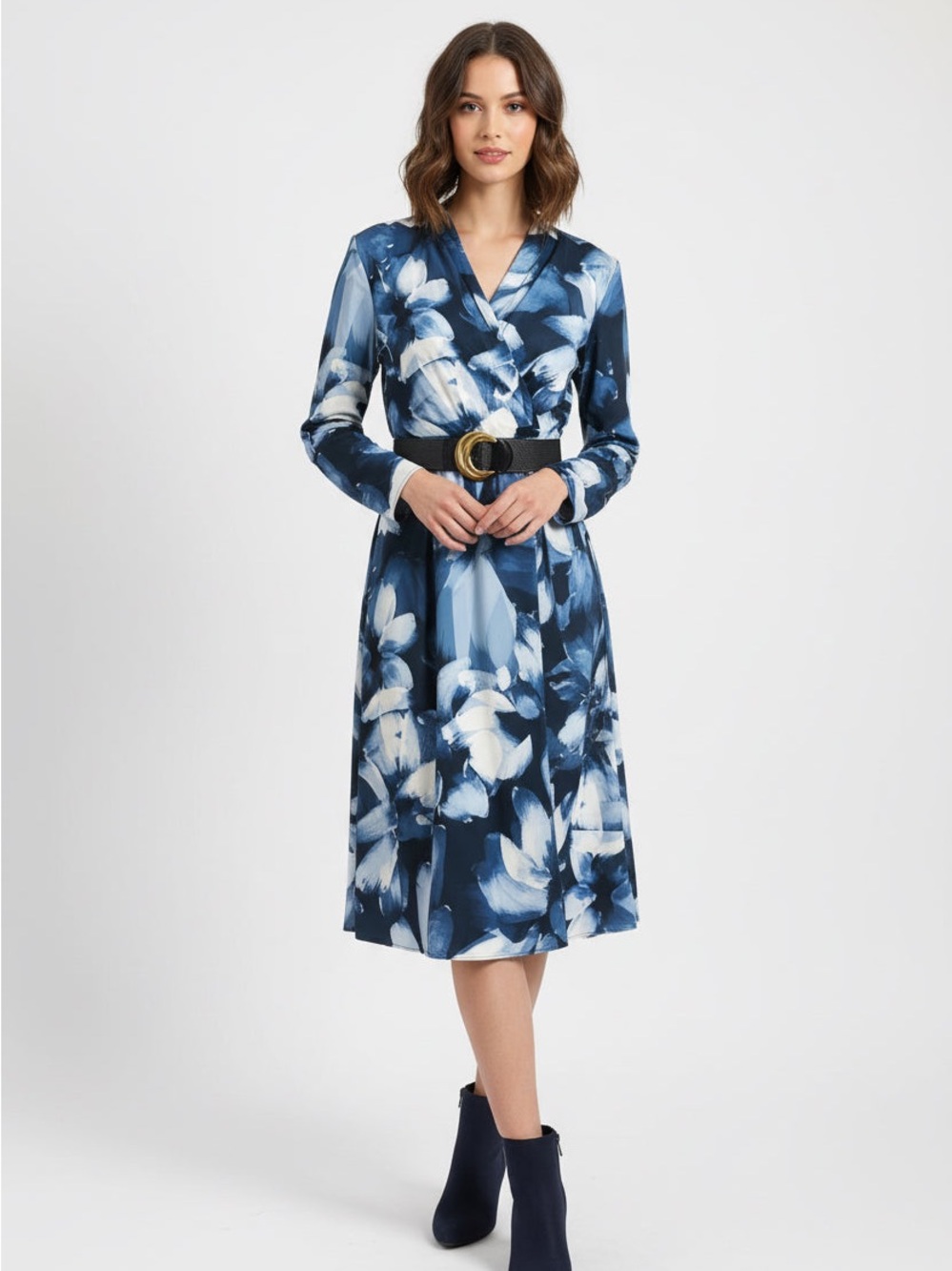 Donna Karan Navy and White Floral Wrap Midi Dress